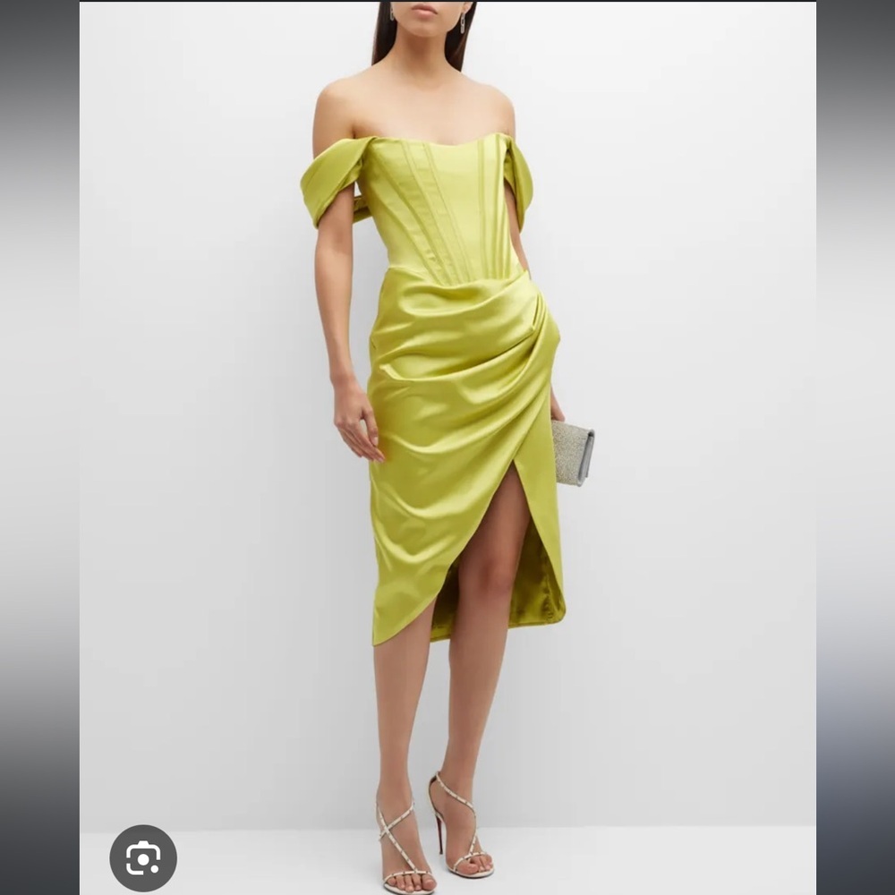 GIGII’S Jasmine bodyshaper draped off shoulder corset midi dress NWT XS yellow